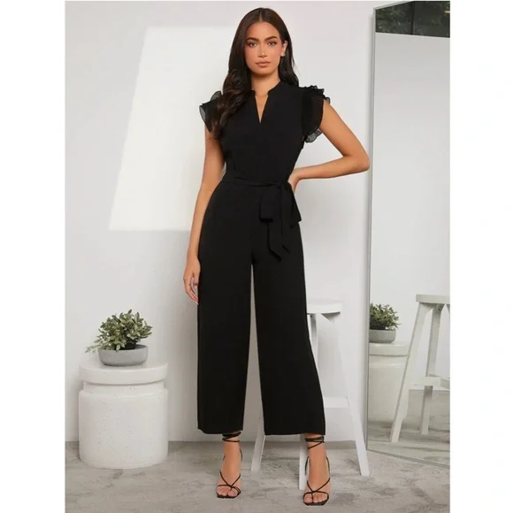 Black Elegant Belted Jumpsuit V-Neck Cap Short Sleeve - Picture 6 of 9